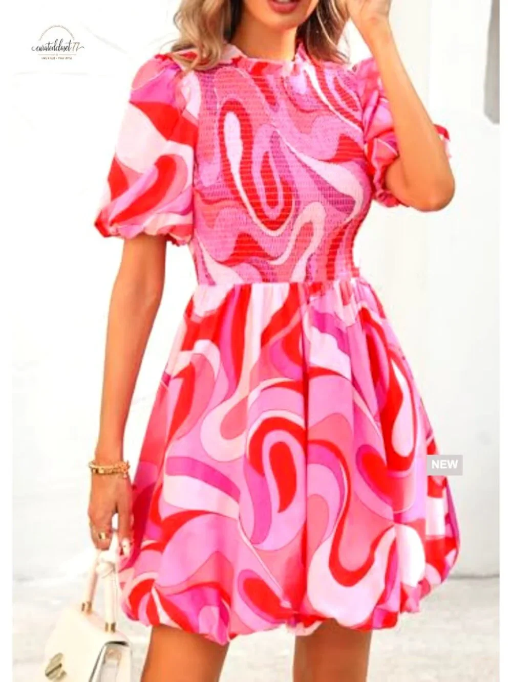 Cotton Smocked Mini Dress Puff Sleeve Boho A-Line Summer Casual - Picture 5 of 7